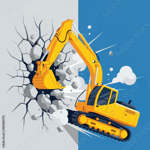 A vibrant illustration depicts a powerful yellow excavator breaking through a wall, symbolizing construction and progress.