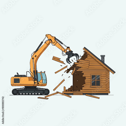 An illustration depicts an excavator demolishing a wooden house, symbolizing destruction, construction, and urban development against a plain background.