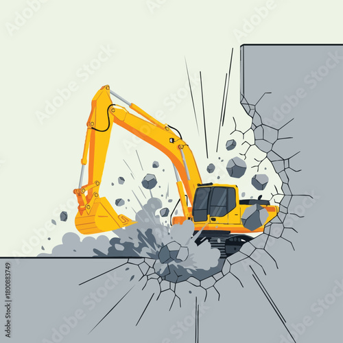 A yellow excavator breaks through a concrete wall, symbolizing construction, demolition, and overcoming obstacles in a graphic illustration.