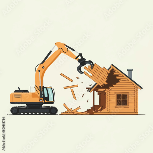 An illustration depicts a mechanical excavator demolishing a wooden house, symbolizing destruction, construction, and change with a modern design.