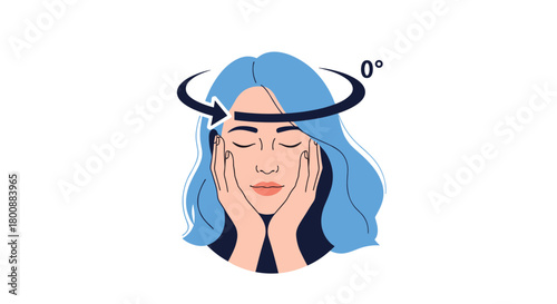 Illustration of a woman with blue hair, closed eyes, and hands on her cheeks, with a circular arrow indicating 0-degree head rotation.