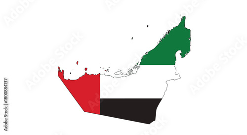 Stylized map of the United Arab Emirates, showcasing its national flag colors within the country's geographical outline.