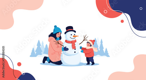 A mother and child happily build a snowman together in a serene winter wonderland, enjoying quality family time and the snowy outdoors.