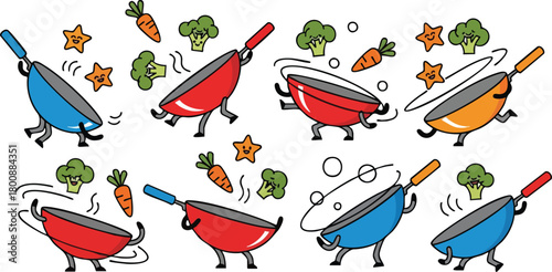 Cartoon Woks Cooking Vegetables with Star Shapes in a Playful Culinary Scene