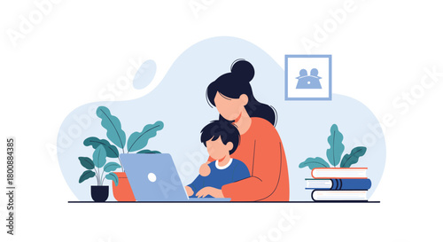 Mother and child bonding over a laptop, engaging in distance learning or casual computer use in a cozy home environment.