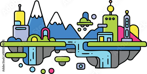 Colorful Abstract Floating Islands With Mountains Waterfalls And Futuristic Buildings In A Surreal Landscape