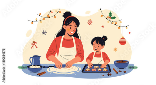 A happy mother and her daughter are baking Christmas cookies, rolling out dough and cutting star shapes in a warm, festive holiday kitchen setting.