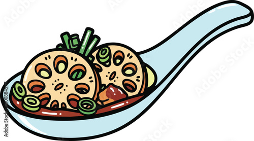 Light Blue Spoon Filled With Lotus Root Slices And Green Onions In A Savory Sauce With Red Chili Flakes