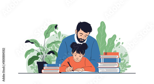 A caring father assists his young daughter with her schoolwork, fostering a supportive home learning environment surrounded by books and nature.