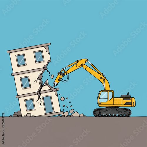 A powerful yellow hydraulic excavator with a jackhammer attachment actively demolishes a crumbling multi-story building, creating dust and debris during urban renewal.