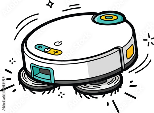 Clean White Robot Vacuum Cleaner with Yellow and Blue Accents on White Background Sparkling