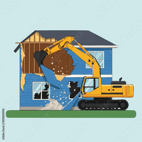 A powerful yellow excavator actively demolishes a blue residential house, tearing down walls and generating debris, signifying property redevelopment or construction.