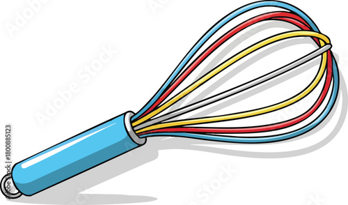 Blue Handled Whisk with Red Yellow and White Wires on White Background
