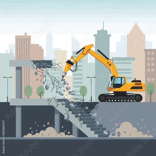 An excavator with a hydraulic breaker attachment is actively demolishing an old concrete bridge structure within a modern city landscape, creating dust and debris.