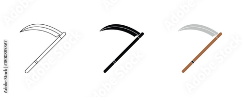 Scythe icon set vector on white background,  harvest, tool, weapon, symbol.