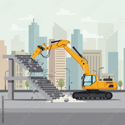 A powerful yellow excavator, with a hydraulic hammer, demolishes a concrete staircase, generating debris against a city skyline, symbolizing urban construction.