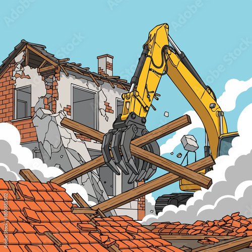 A powerful yellow excavator systematically demolishes an old, dilapidated brick house, generating significant dust and debris across the construction site.