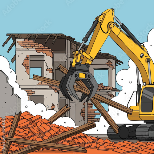 A heavy-duty yellow excavator with a robust claw attachment efficiently demolishes a crumbling old building, leaving a pile of debris and dust.