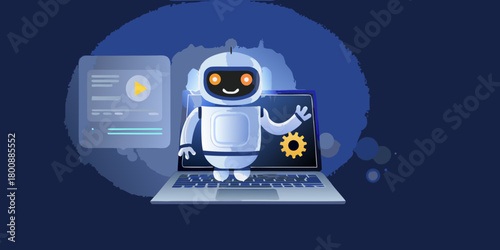 Friendly cartoon robot emerging from a laptop screen with a video interface and gear icon