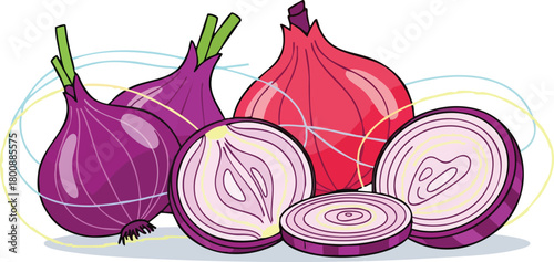 Red onions whole and sliced on white background with colorful abstract swirls vibrant food illustration