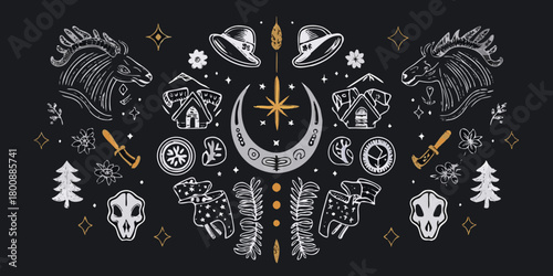 Whimsical hand drawn elements featuring horses moon celestial objects and nature motifs on black background