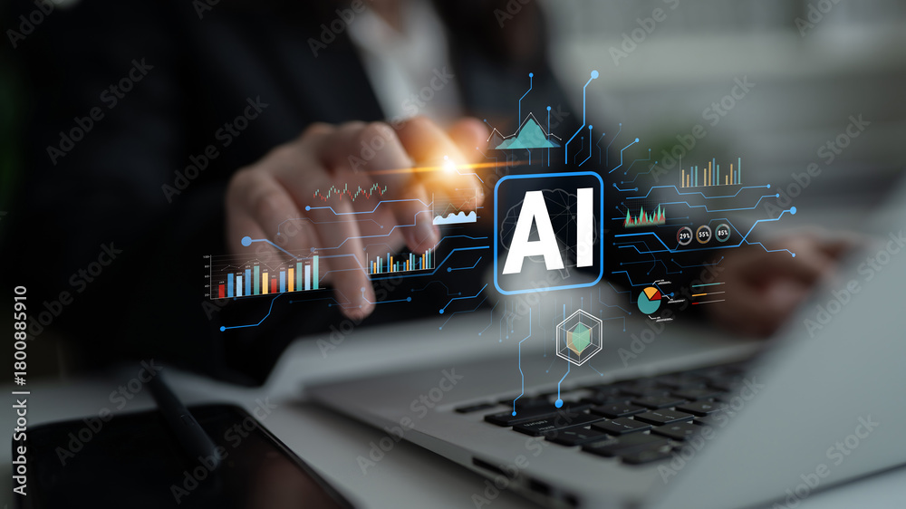 Naklejka premium Artificial Intelligence (AI) for business data analysis and analytics. A concept of using AI for data visualization, reporting, and insights. Motif