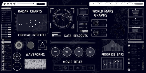 Futuristic digital interface displaying radar charts world maps data readouts waveforms and progress bars