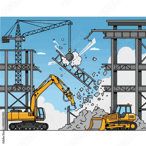 Heavy machinery, including an excavator, bulldozer, and a wrecking ball, is actively demolishing a building structure at a construction site.