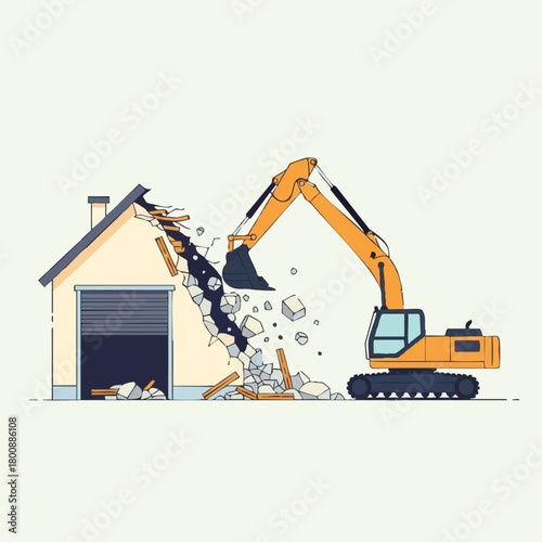 This vector illustration portrays a heavy-duty excavator engaged in the systematic demolition of a residential structure, creating debris and dust.