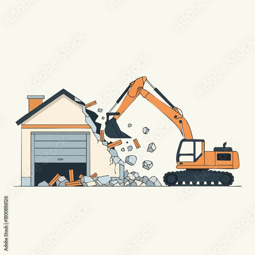 An orange excavator is actively demolishing a residential building, breaking down its walls into rubble, symbolizing construction, renovation, and destruction.