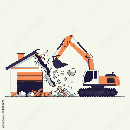A vibrant orange excavator systematically tears down a residential building, scattering debris and illustrating the powerful process of demolition.