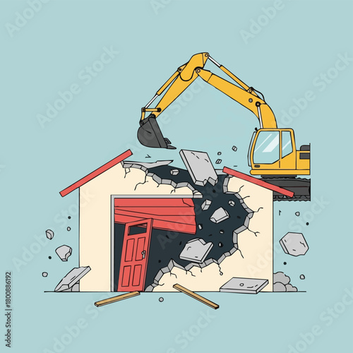 An excavator actively demolishes a residential structure, creating a large opening and scattering debris, symbolizing destruction and significant change.