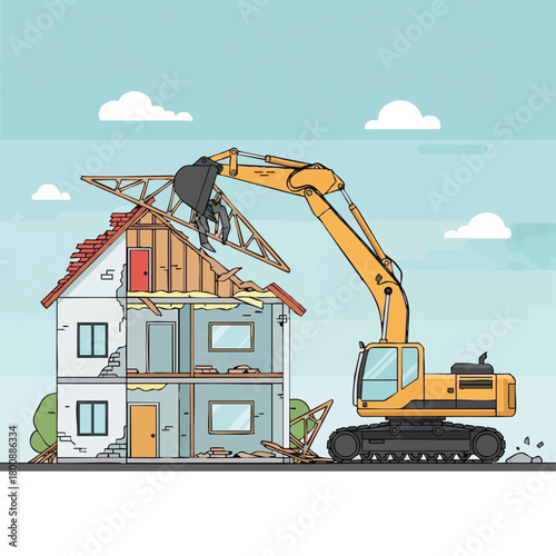 A large yellow excavator demolishes a house, tearing down its roof and walls, symbolizing urban renewal and property development.