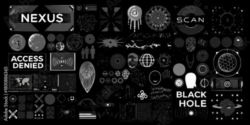 Futuristic digital interface with various icons and text elements like nexus and access denied
