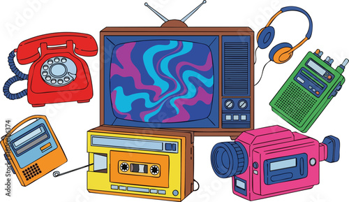 Retro Technology Collection Including A Vintage Television A Rotary Phone A Cassette Player A Camcorder Headphones And A Walkie Talkie