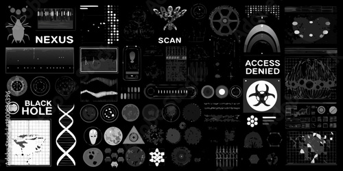 Futuristic digital interface with scientific data cyber security icons and abstract graphics on black background