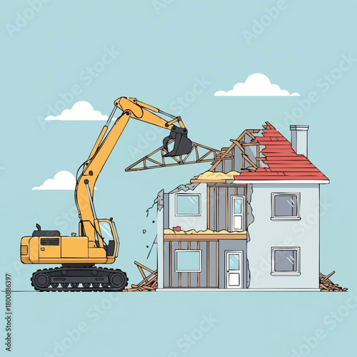 A powerful yellow excavator systematically demolishes a residential house, illustrating concepts of urban renewal, construction, and property redevelopment.