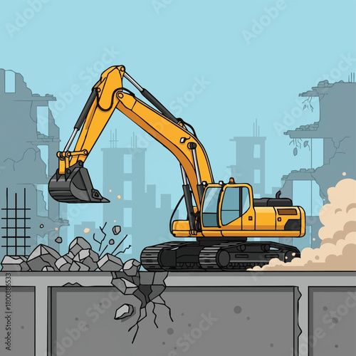 A powerful yellow excavator actively demolishes a concrete structure at a construction site with ruined buildings in the background under a clear sky.