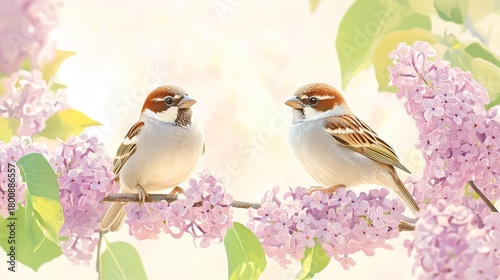 36.A pair of sparrows perched on a tree branch, surrounded by soft pink lilac flowers in full bloom. The sparrows are nestled among the blossoms, their feathers soft and detailed as they enjoy the