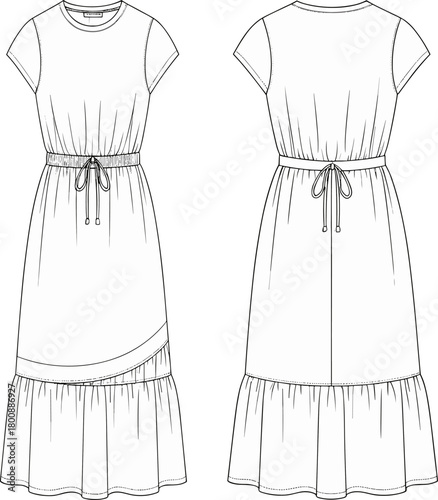 Fashion dress technical flat sketch, short sleeve cinched waist design, curved panel detail, tiered hem outline, garment illustration for sewing patterns