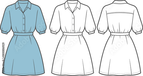 Fashion dress technical flat sketch, stylish women shirt dress design with collar and half sleeves, front and back garment illustration, vector template