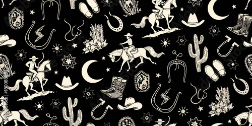 Whimsical western cowboy and horse pattern with cacti boots and moon on black background