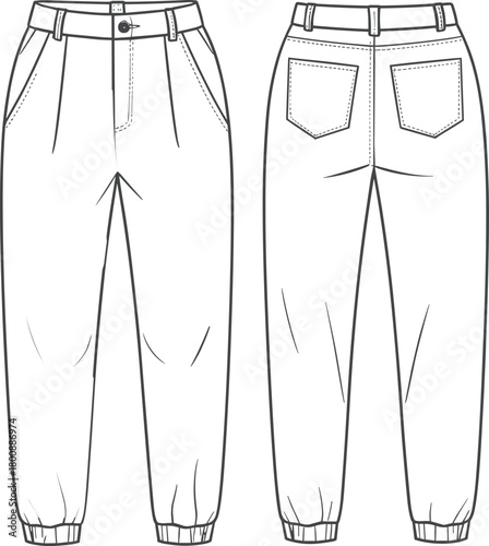 Fashion jogger pants flat sketch, casual unisex trousers design with elastic cuffs and pockets, front and back technical vector illustration template