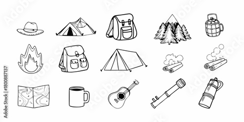 Collection of hand drawn camping and outdoor adventure icons for travel and exploration