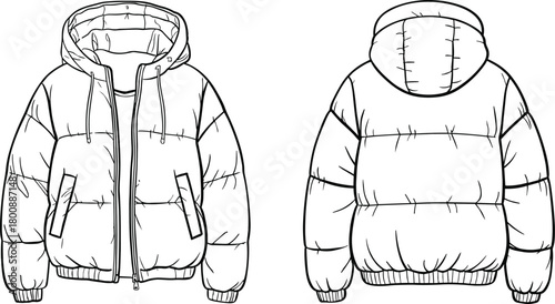Front and back view of warm puffer jacket with hood, detailed winter coat design illustration, fashion technical drawing, apparel template, outline