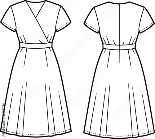 Front and back view of elegant wrap dress, short sleeve midi dress fashion flat sketch, technical drawing, clothing design template, apparel outline