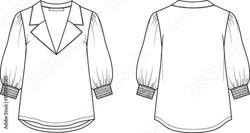 Women's blouse fashion flat, puff sleeve top with lapel neckline, technical garment sketch for apparel designers, sewing pattern and clothing templateWomen's blouse fashion flat,  