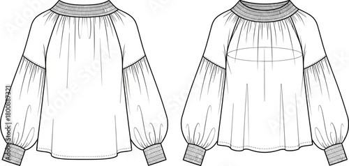 Loose fit women’s blouse fashion sketch, raglan sleeves, gathered cuffs, wide neckline design, technical flat illustration for apparel design template