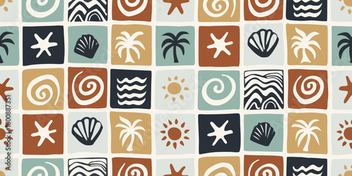 Retro tropical beach pattern with palm trees seashells starfish and sun in earth tones