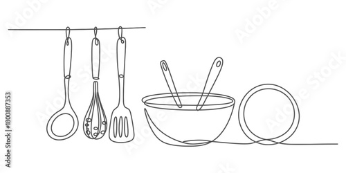 Continuous line drawing of kitchen utensils: ladle, whisk, spatula, mixing bowl with spoons, and a plate, cooking art.